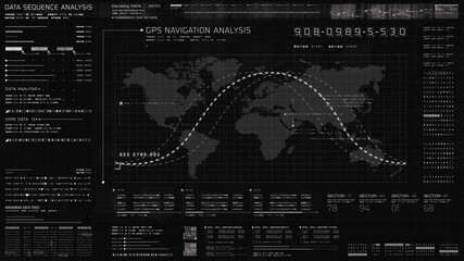 Futuristic HUD satellite view of traffic surveillance on a busy expressway junctions tracking and monitoring highway traffic for possible target vehicle