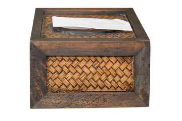 paper napkin in wooden box isolated on white background