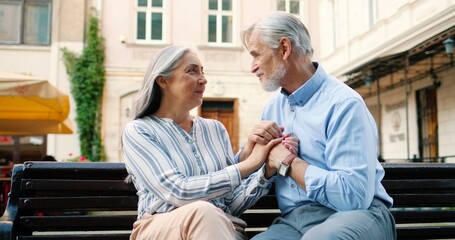 Fototapeta premium Romantic date. Waist up portrait view of the happy senior couple sitting at the bench and holding hands of each other with tenderness while chatting and discussing