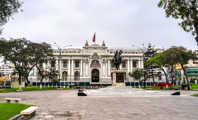 The Legislative Palace of Peru with a statue of Simon Bolivar in Lima