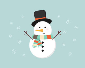 Cute cartoon snowman in hat and scarf