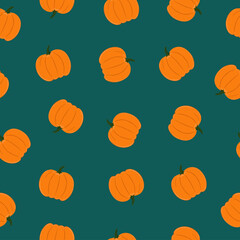 Seamless pattern of pumpkins on emerald color background. Background for autumn decorative design