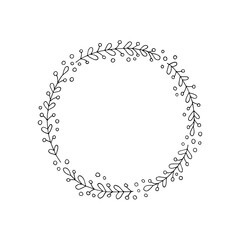 A wreath of branches and berries. Round frame from plants. Summer. Vector. Doodle. Hand-drawn illustration. Silhouette. Black and white outline. Coloring.