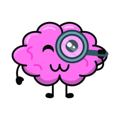 cute brain with magnifying glass illustration vector graphic