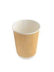 An empty, paper disposable cup for hot drinks. Isolated on a white background, close-up