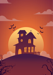 Flat halloween background with haunted house Free Vector