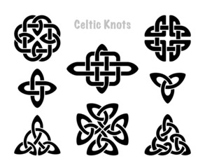 Celtic knots silhouettes. Irish knot symbols, celt three trintiy endless knotted shape vector icon, infinite spirit unity symbol, paganscircle tribal symbolism graphics - obrazy, fototapety, plakaty