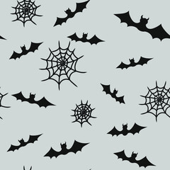 Seamless vector pattern for Halloween. A pattern with bats and cobwebs. Black Halloween symbols on a gray background. Background for clothing, websites, curtains, wallpaper in the style of horror.
