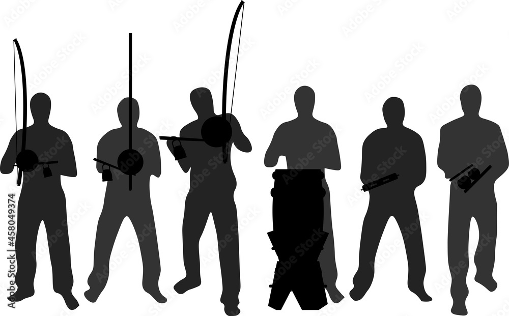 Wall mural capoeira bateria instrument in black silhouette vector set. group of people playing capoeira music w