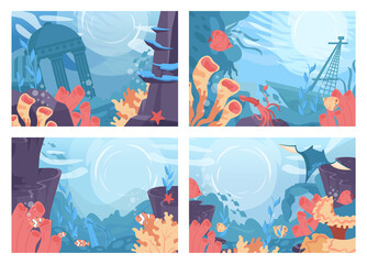 Sea bottom set. Beautiful underwater world with different corals and seaweed.