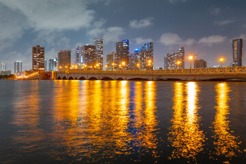 Fototapeta na wymiar Miami at sunset. Miami Florida, colorful skyline of Macarthur causeway.