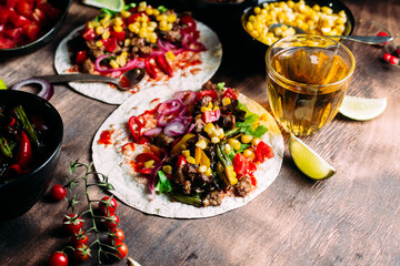 Tacos with meat and vegetables. Cooking tacos