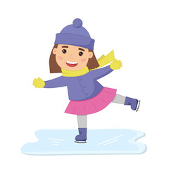 Cute cartoon girl skating on ice in winter. Vector isolated illustration.
