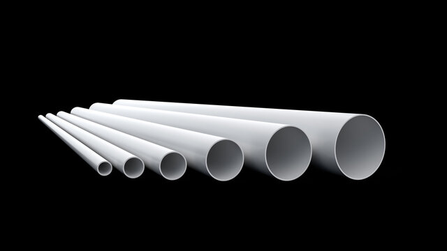 Pipes assortment PVC pipes, Close-up. Tubes PVC pipes on black background 3d illustration