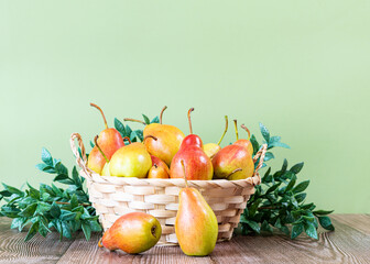 Fresh pears in wicker basket on the wooden and green background.