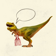 Contemporary artwork collage. Funny toy dinosaur going shopping isolated on light background. Funny...