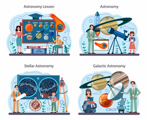 Astronomy school subject set. Students looking through a telescope © inspiring.team
