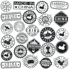 Fototapeta premium Shenzhen, Guangdong Province, China Set of Stamp. Vector Art Postal Passport Travel Design. Travel and Business Seals.