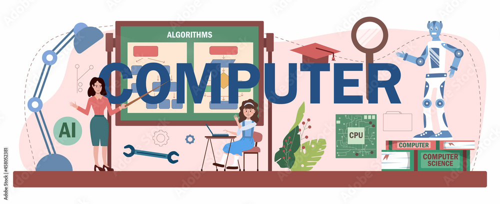 Poster computer typographic header. students learning about algorithms,