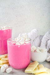 Pink beetroot latte, beets hot chocolate with marshmallow, modern sweet organic vegan drink 
