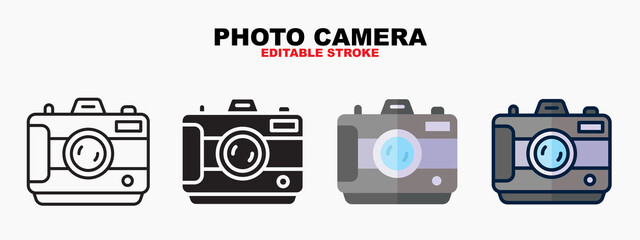 Photo Camera icon set with different styles. Icons designed in filled, outline, flat, glyph and line colored. Editable stroke and pixel perfect. Can be used for web, mobile, ui and more.