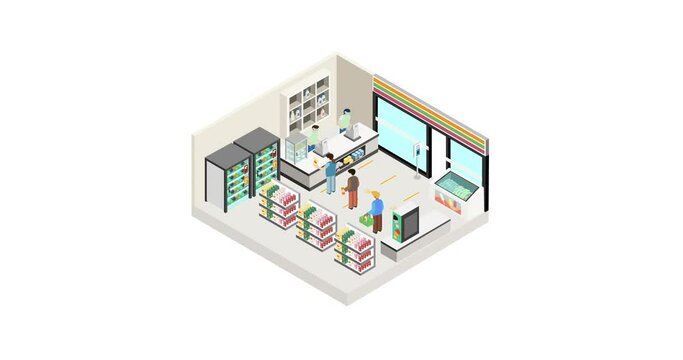 New normal life style in Convenience store, wearing mask and social distancing. Isometric detailing view point. Animation.