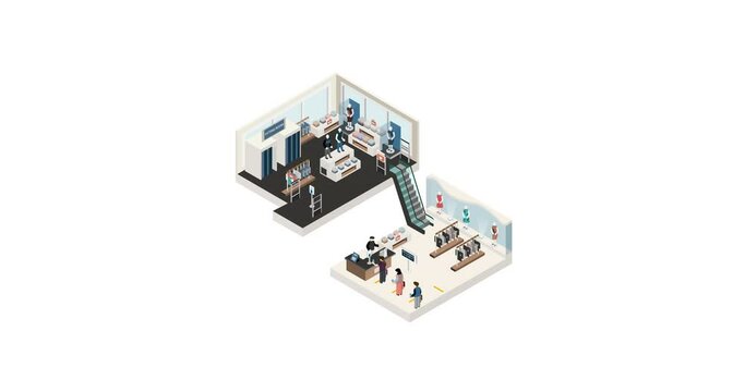 New normal life style in Retail shop, wearing mask and social distancing. Isometric detailing view point. Animation.