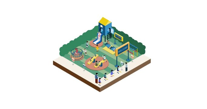 New normal life style in Children Playground, wearing mask and social distancing. Isometric detailing view point. Animation.