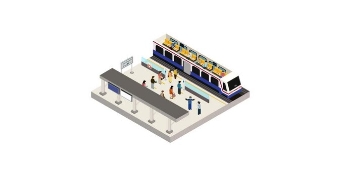 New normal life style in Public transport, wearing mask and social distancing. Isometric detailing view point. Animation.