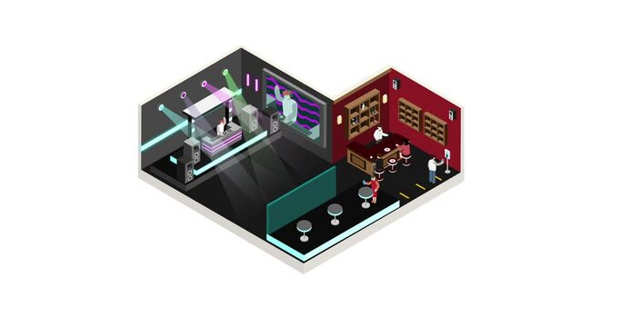 New normal life style in Night club, wearing mask and social distancing. Isometric detailing view point. Animation.