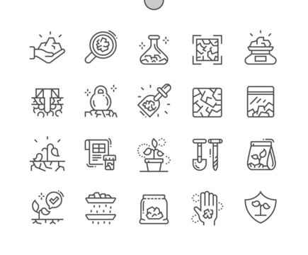 Soil Testing. Weighing Soil. Digging Tools. Biotechnology, Probe, Measurement, Geotechnical. Pixel Perfect Vector Thin Line Icons. Simple Minimal Pictogram