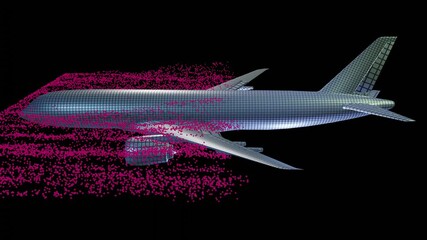 Air flow around airplane body. Horizontal wind particle flow . Profile side view. Top to bottom camera  movement . 3d animation simulation