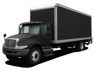The modern delivery truck is completely black. Front side view isolated on white background.