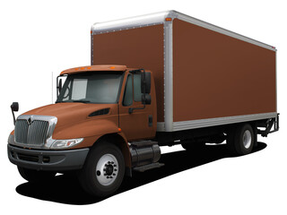 The modern delivery truck is completely brown. Front side view isolated on white background.