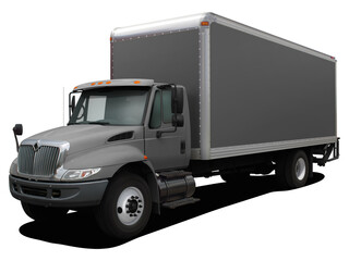 The modern delivery truck is completely gray. Front side view isolated on white background.