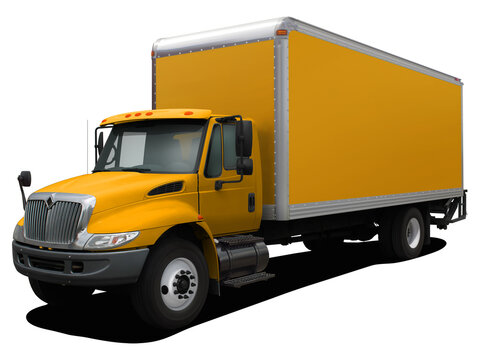 The modern delivery truck is completely yellow. Front side view isolated on white background.