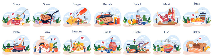 People cooking and preparing food set. Restaurant chef cooking.