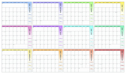 2022 Calendar Planner with notes (USA dates) in color