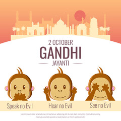 Illustration of Gandhi Jayanti. Illustration of Three Monkey for speaking no evil, hear no evil, see no evil.