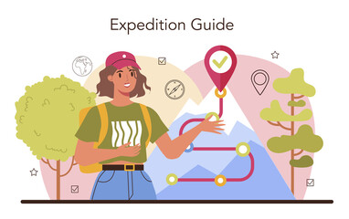Expedition guide. Tourists hiking, making tent and sitting at the campfire