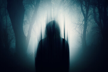 A double exposure of a Silhouette of a mysterious hooded figure without a face. Standing in a forest at night. With a glitch edit - obrazy, fototapety, plakaty