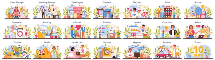 Fototapeta premium Humanitarian profession set. Business and social profession. Business, retail