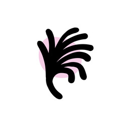 Branch with an abstract round spot. Artistic floral minimalist print. Isolated black silhouette of a plant with pastel drops. Modern watercolor shapes with leaves, acrylic ink blobs. Vector element