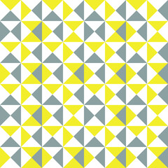 Modernes Muster bestehend aus einem Dreieck aus drei Farben. Nahtlose Muster für trendige Stoffe, dekorative Kissen, Packpapier, Innenarchitektur. Trendfarben Grau und Gelb 2021. Vektor.