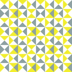  Modern patroon bestaande uit een driehoek van drie kleuren. Naadloze patronen voor trendy stoffen, decoratieve kussens, inpakpapier, interieur. Trendkleuren grijs en geel 2021. Vector. © Sagittarius_13
