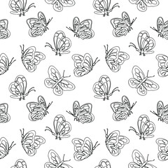 Fluttering butterflies drawn in a single line. Seamless texture.