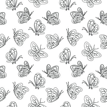 Fluttering butterflies drawn in a single line. Seamless texture.