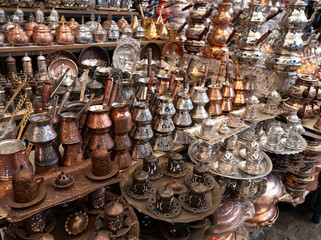 Traditional Turkish sale for making coffee at the Turkish market in Gaziantep.