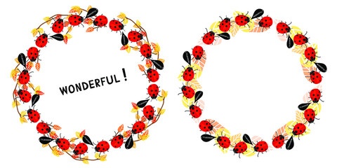 vector round frame wreaths of leaves autumn ladybug says wonderful