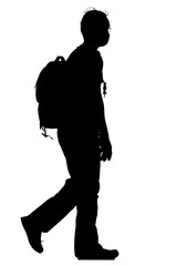 Shadow of a male tourist wearing glasses wearing a mask and carrying a backpack, side view, isolated vector silhouette, with clipping path